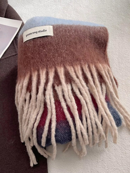 Unisex Soft Plaid Tassel Warm Scarf — brown plaid scarf with pale tassels laid flat