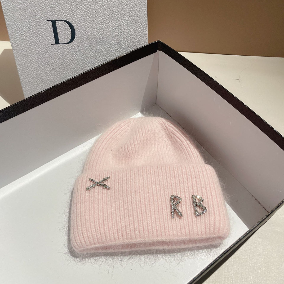 Women's Rhinestone Embellished RB Letter Knit Winter Beanie — pink beanie with rhinestone letter details
