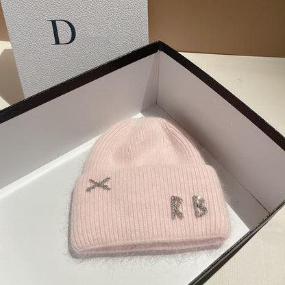 Women's Rhinestone Embellished RB Letter Knit Winter Beanie — pink beanie with rhinestone letter details