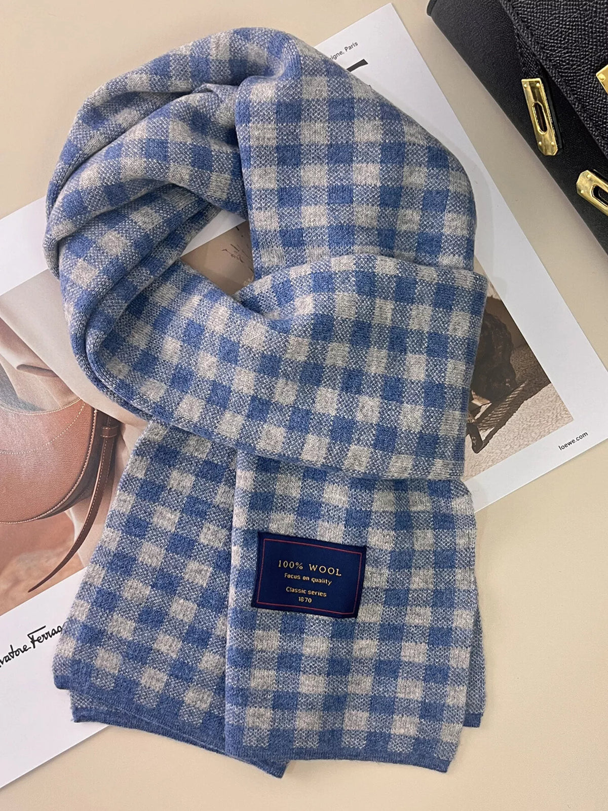 Unisex 100% Wool Plaid Scarf — blue and cream plaid scarf tied with both ends down
