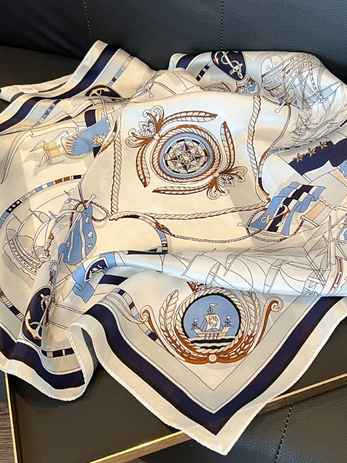 Unisex Nautical Print Silk Square Scarf — close detail of printed nautical emblems