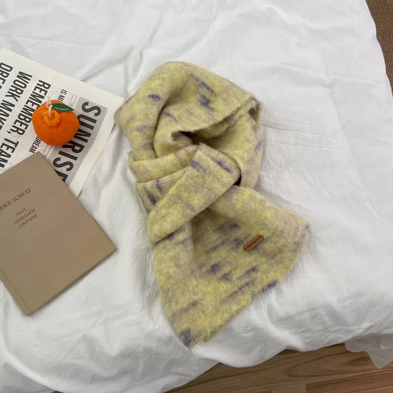 Unisex Fuzzy Contrast Knit Scarf — yellow fuzzy scarf loosely looped