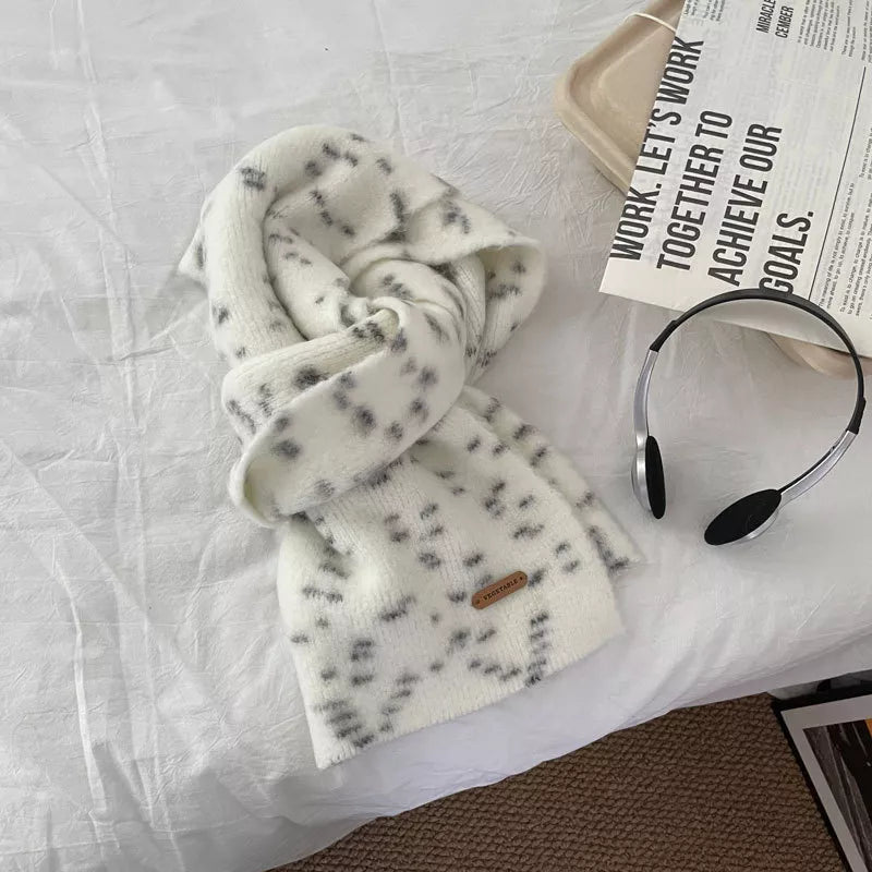 Unisex Fuzzy Contrast Knit Scarf — milky white scarf showing darker scattered marks