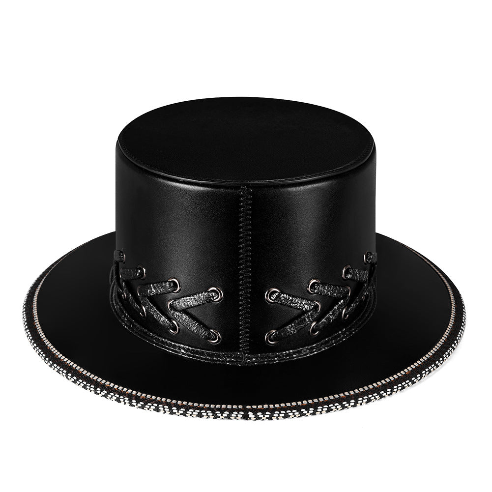 Unisex Halloween Punk Skull Black Top Hat - Black brim profile