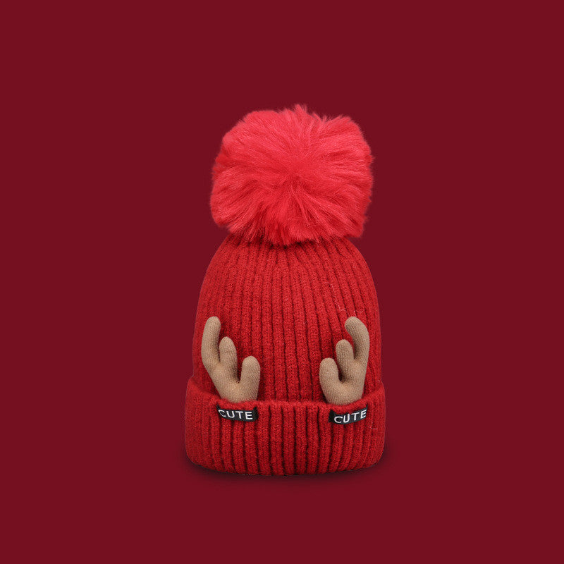 Women's Christmas Antler Knit Beanie - Wine Red crown detail