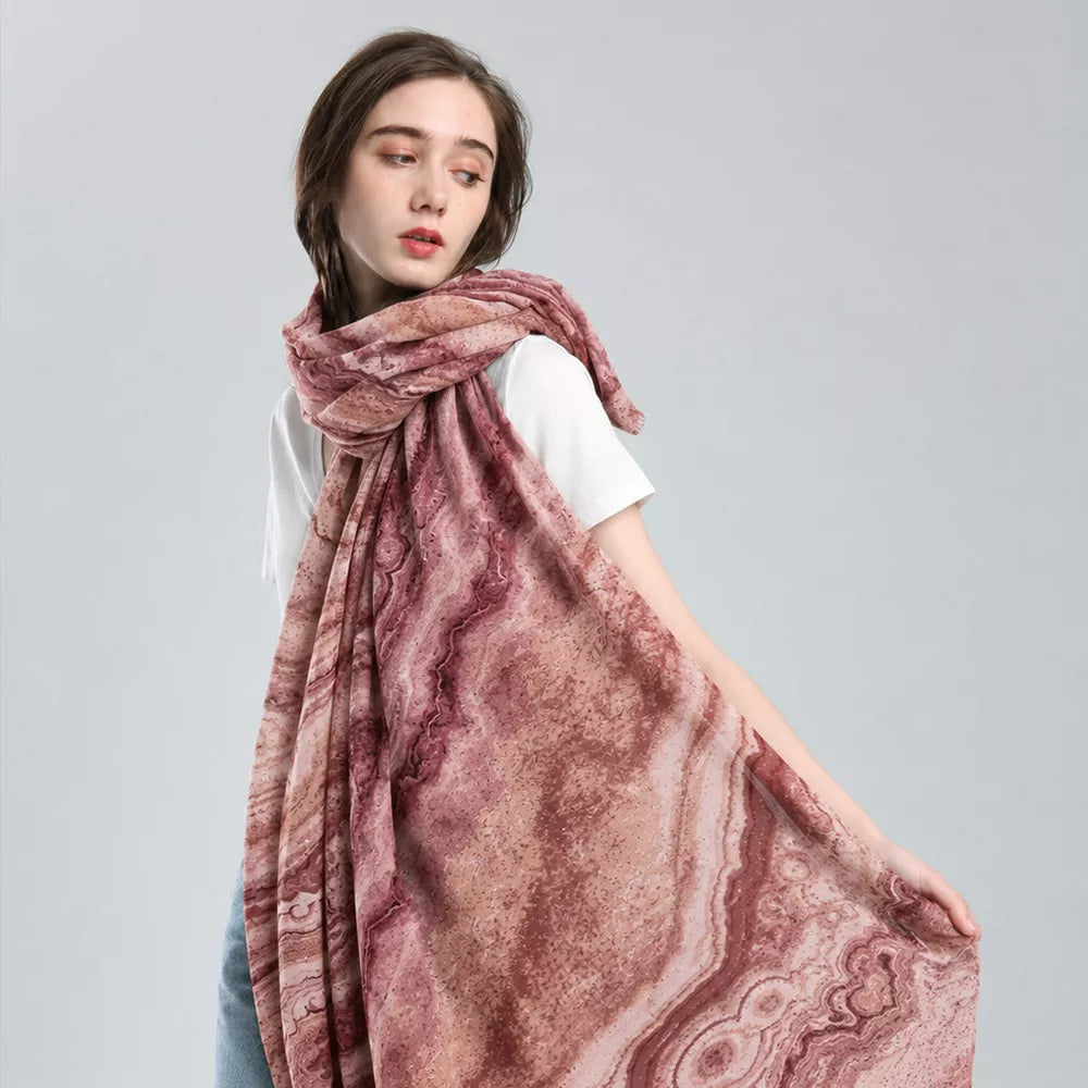 Unisex Marble Print Foil Scarf — red marbled foil scarf worn long over a white top