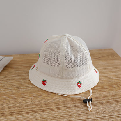 Kids Pink Strawberry Embroidered Mesh Bucket Sun hat back fit detail