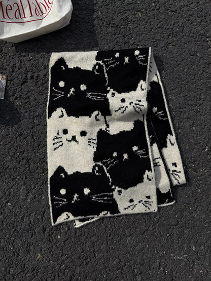 Unisex Allover Cat Knit Scarf — long dark scarf with repeated pale cat shapes
