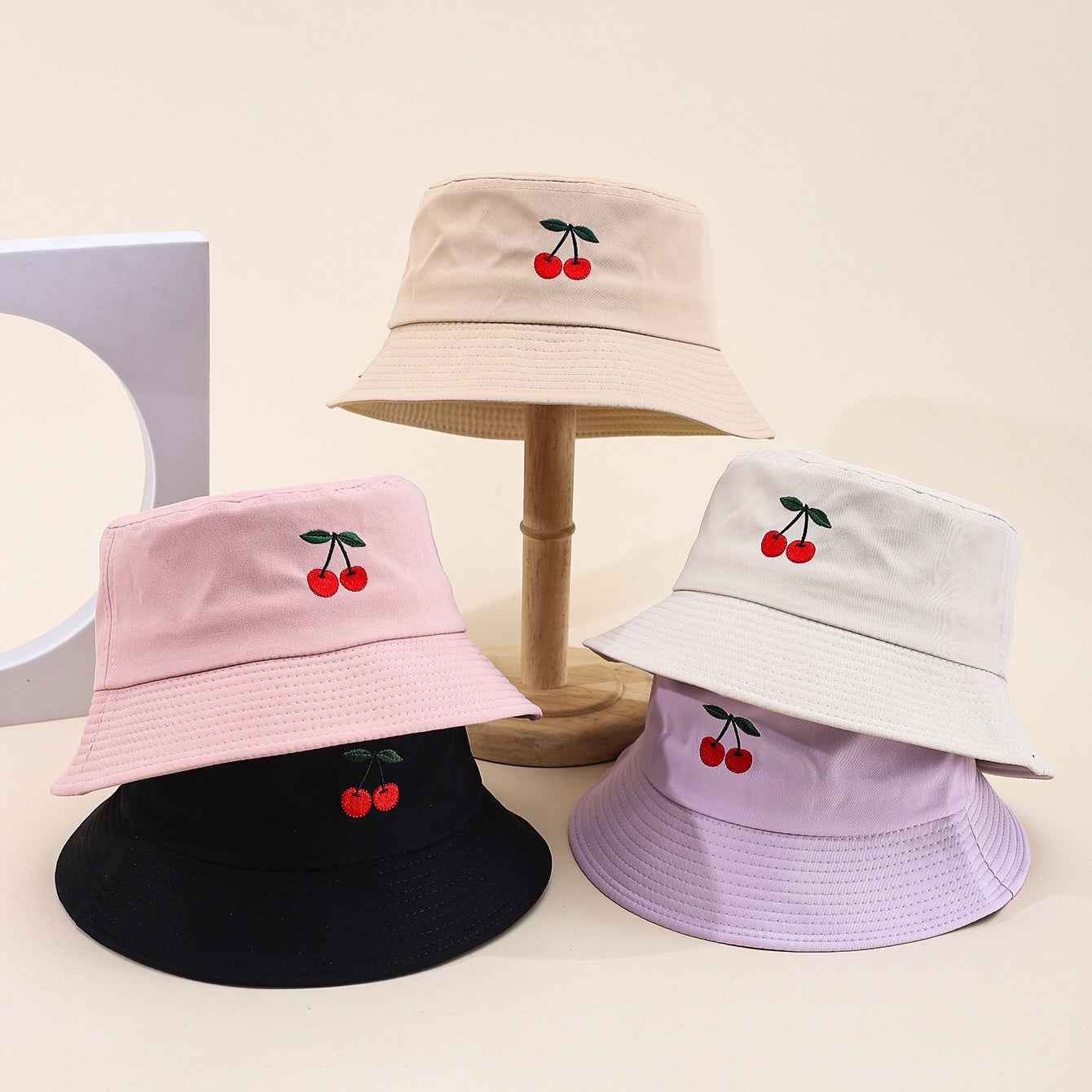 Women's Cherry Embroidered Cotton Bucket Hats