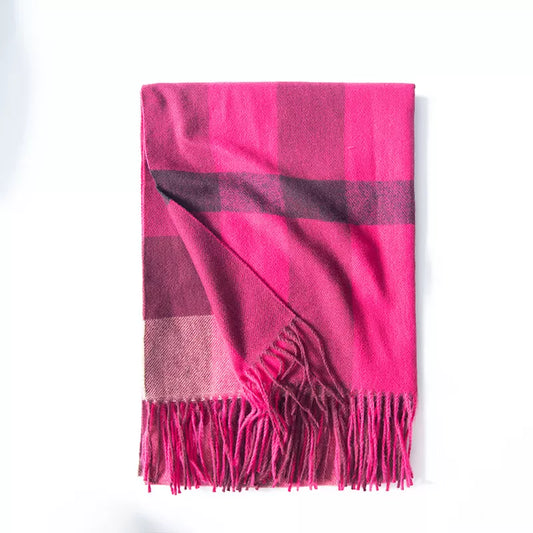 Unisex Plaid Tassel Scarf in Rose Red - front view 1