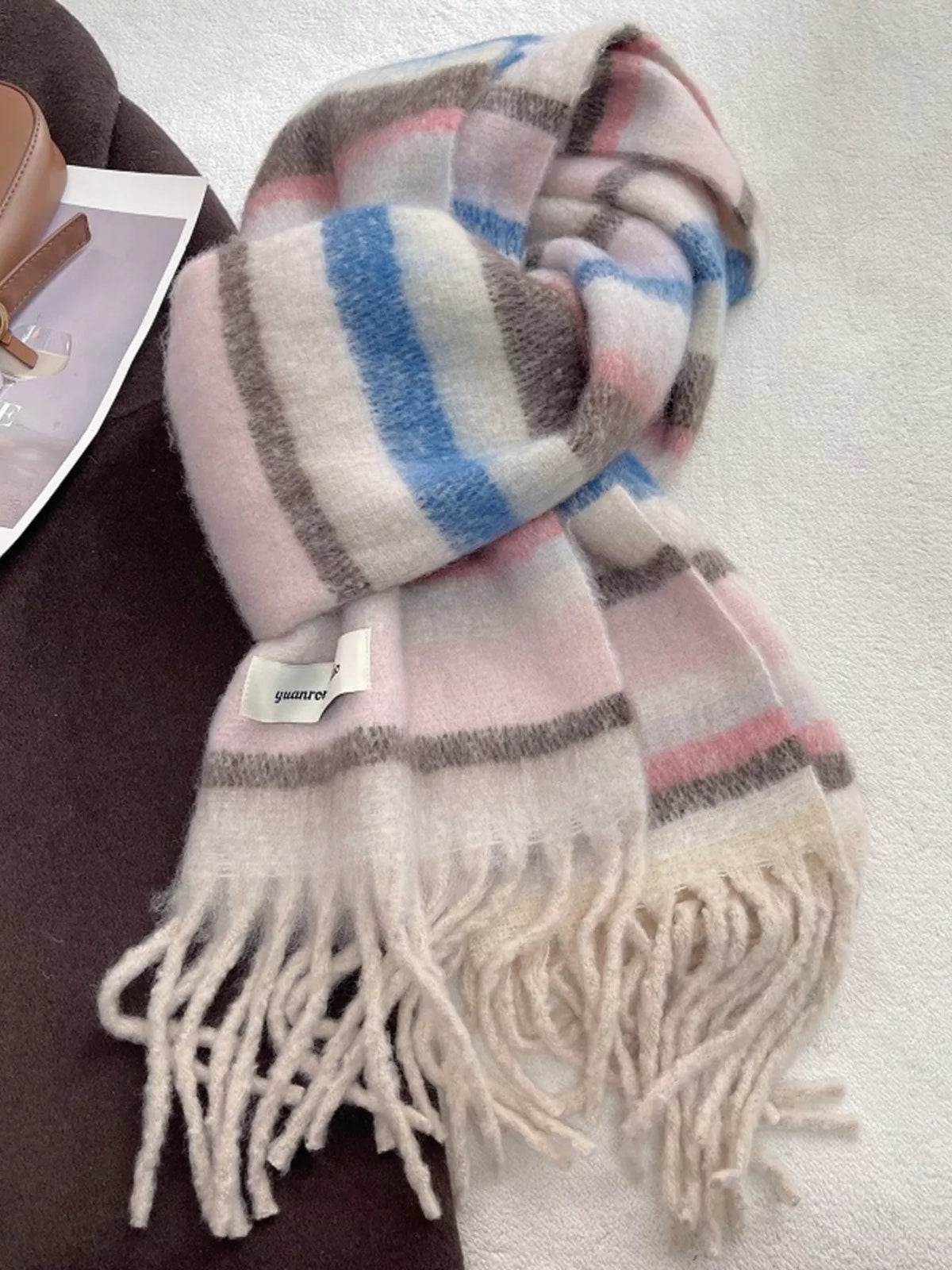 Unisex Soft Plaid Tassel Warm Scarf — pink multicolor plaid scarf loosely knotted