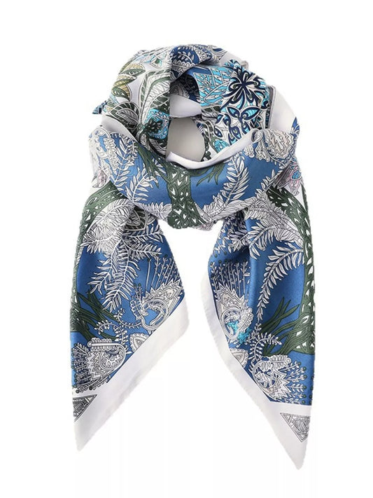 Women's Floral Print Silk Scarf in Blue - styled detail 2