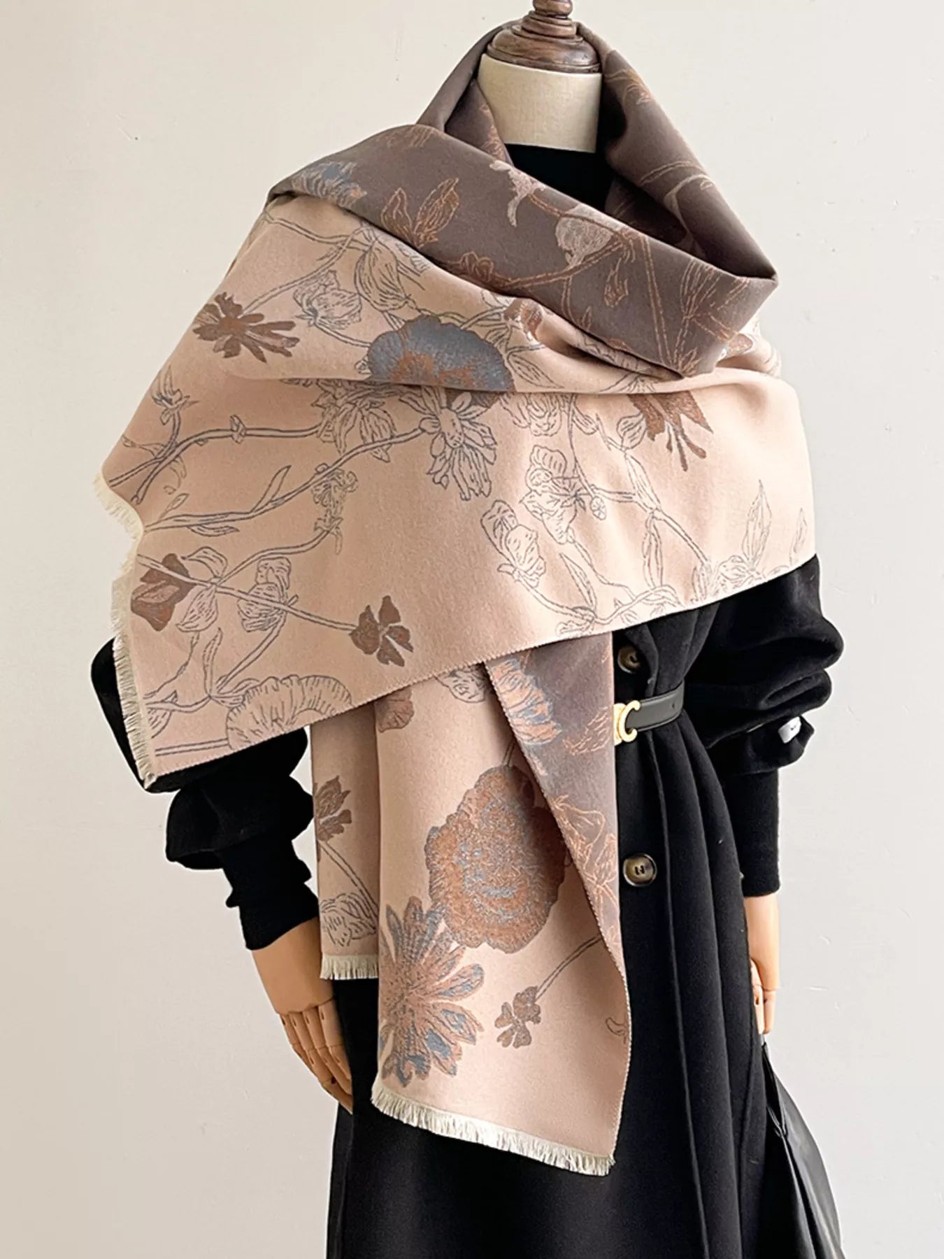 Women's Floral Print Reversible Scarf in Blue - draped view 4