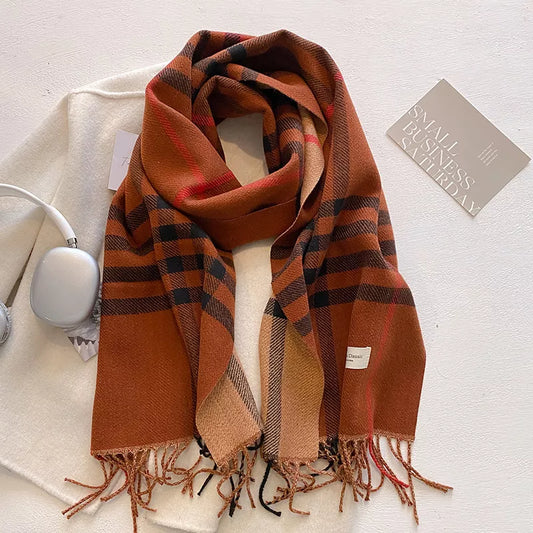 Unisex Plaid Fringe Winter Scarf in Terracotta - front view 1