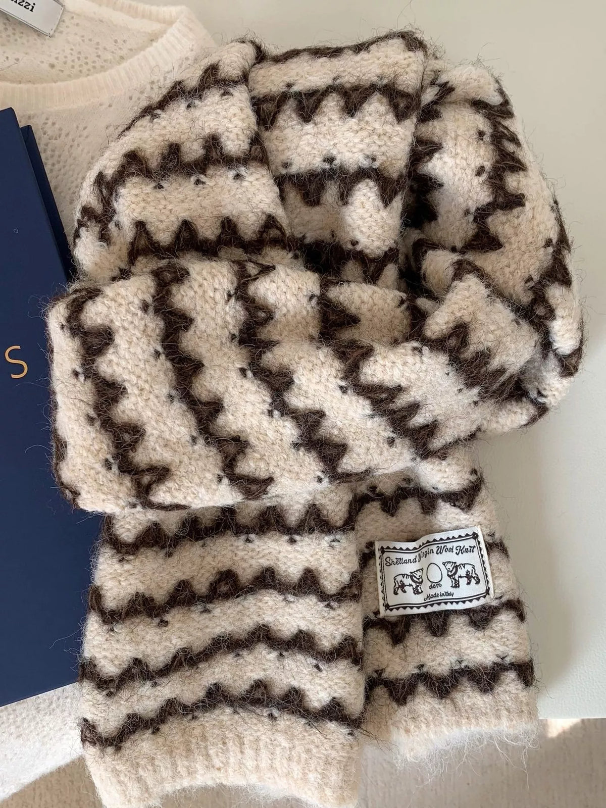Unisex Vintage Knitted Pattern Scarf — cream and dark zigzag motif scarf in a front knot