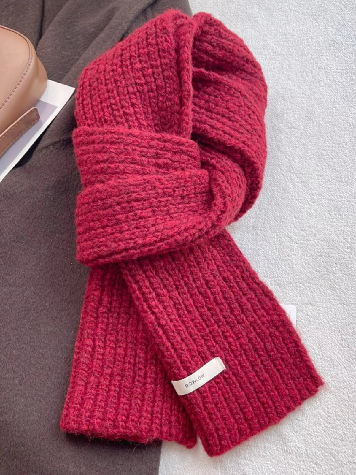 Unisex Cozy Knitted Winter Scarf — 47.2-Inch — red knitted scarf with small pale label