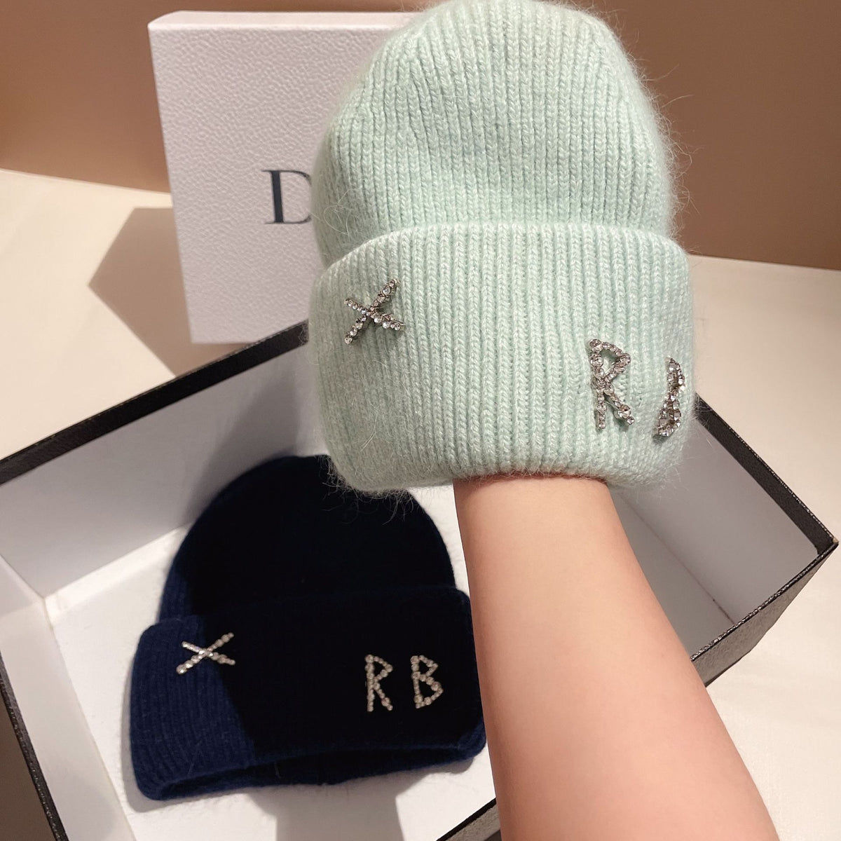 Women's Rhinestone Embellished RB Letter Knit Winter Beanie — mint and black RB beanies held together
