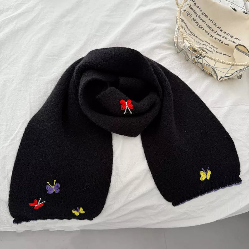 Unisex Butterfly Embroidered Scarf — black butterfly scarf arranged in a circular knot