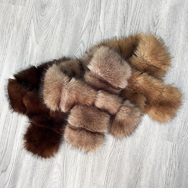 Brown and beige plush scarves showing segmented cross-front shapes