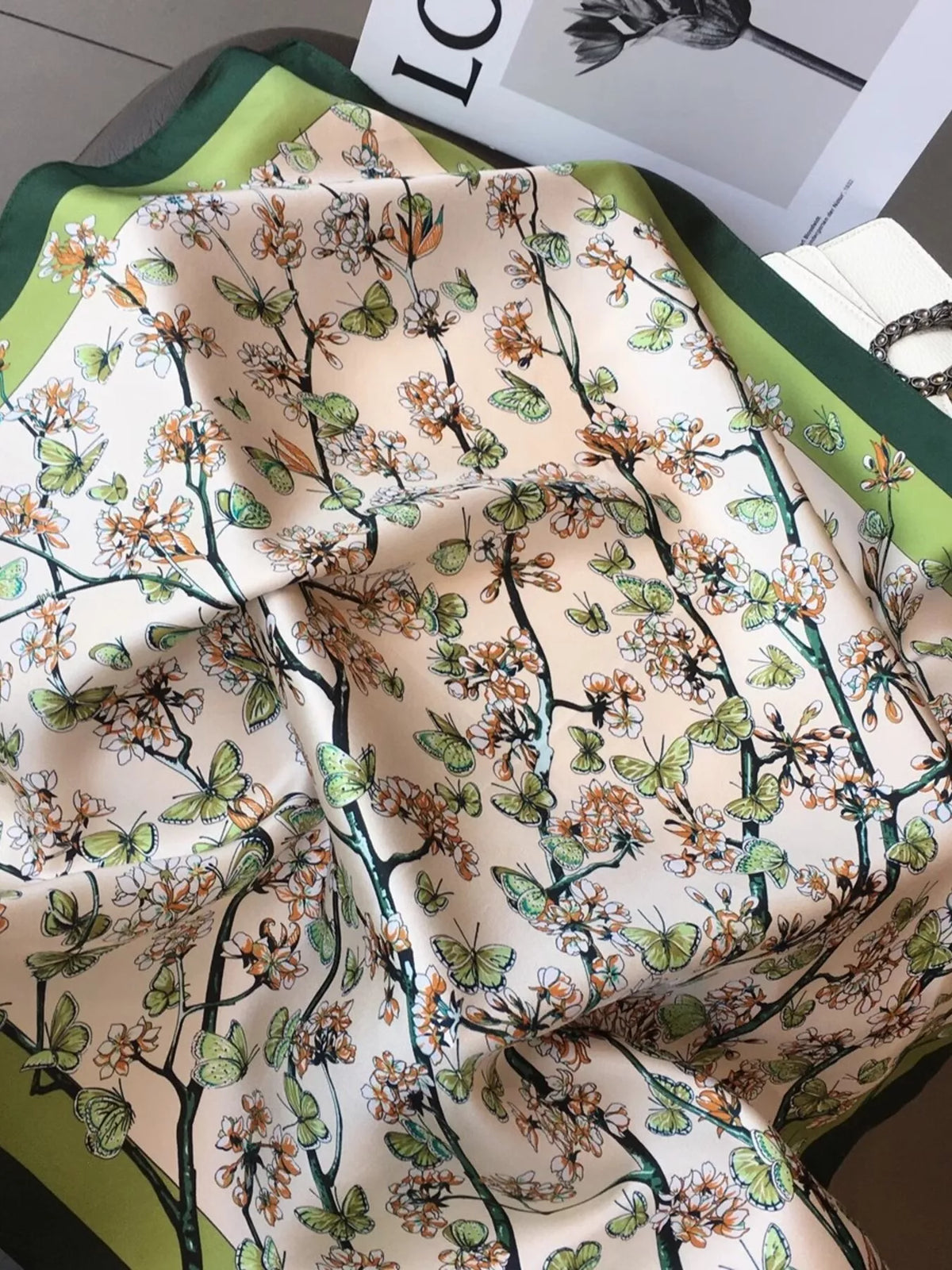 Unisex Floral Print Silk Scarf — floral print silk scarf spread to show fine branches