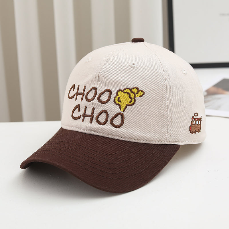 Front view of beige Choo Choo baseball cap with brown curved brim