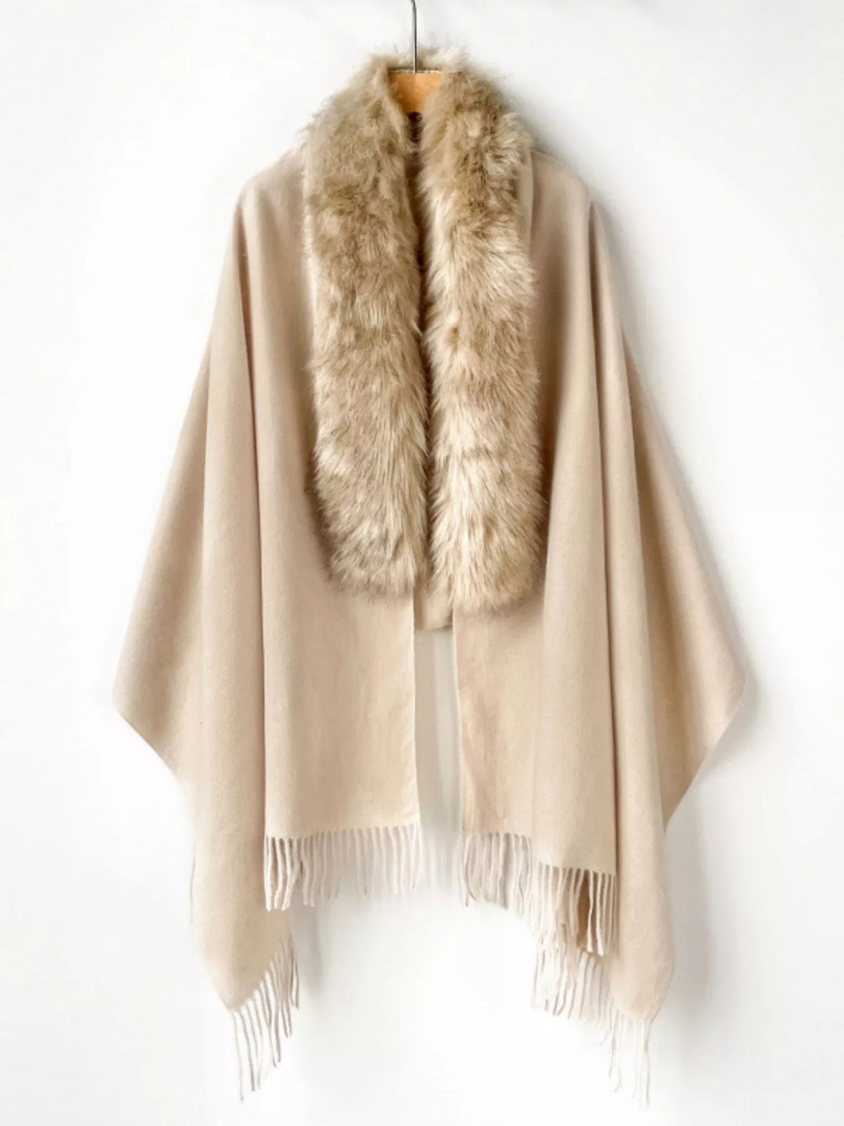 Women's Faux Fur Trim Scarf Wrap — cream shoulder wrap with plush neckline trim and fringe
