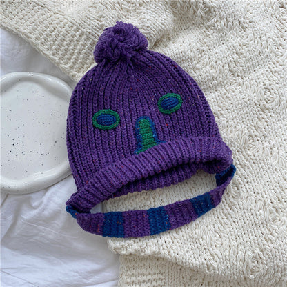 Unisex Cartoon Embroidered Pom Pom Knit Beanie — purple beanie with green and blue face details