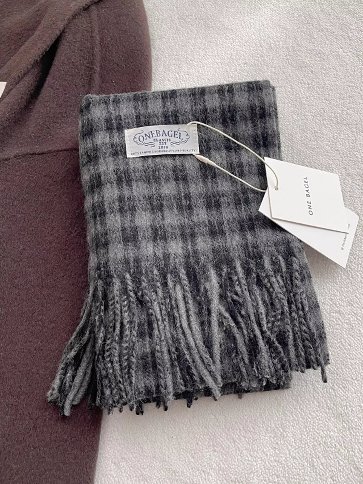 Unisex Fine Plaid Wool Fringe Scarf — black and gray plaid scarf folded flat