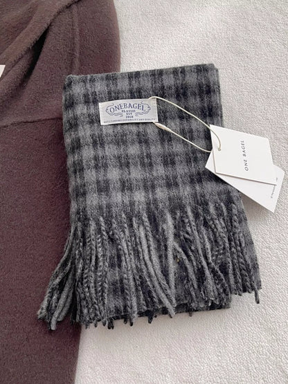 Unisex Fine Plaid Wool Fringe Scarf — black and gray plaid scarf folded flat