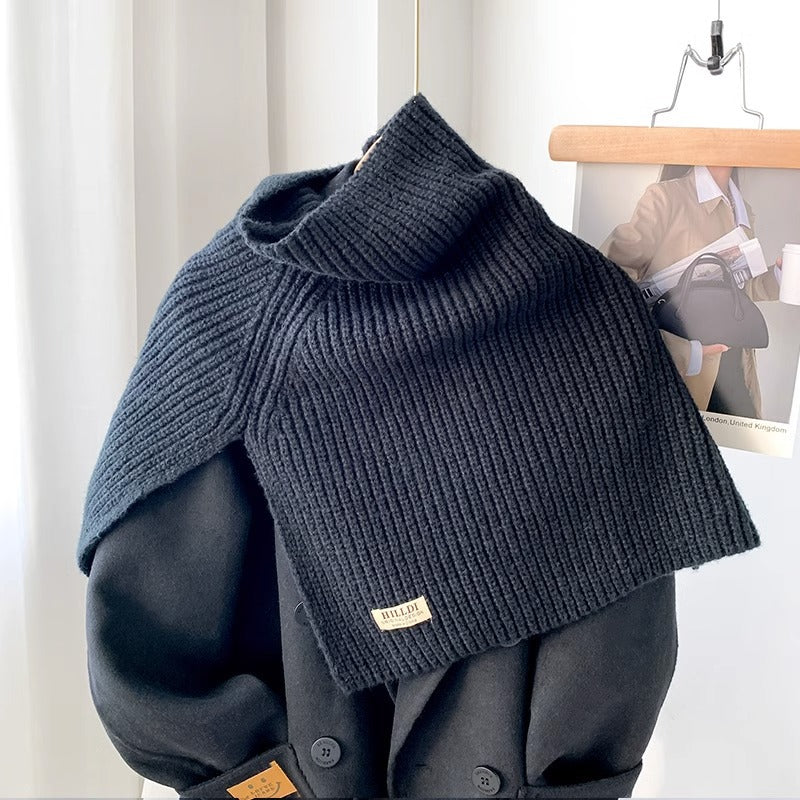 Women's Ribbed Knit Turtleneck Shoulder Wrap — dark ribbed turtleneck shoulder wrap over a black coat