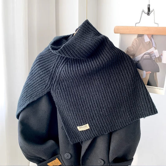 Women's Ribbed Knit Turtleneck Shoulder Wrap — dark ribbed turtleneck shoulder wrap over a black coat
