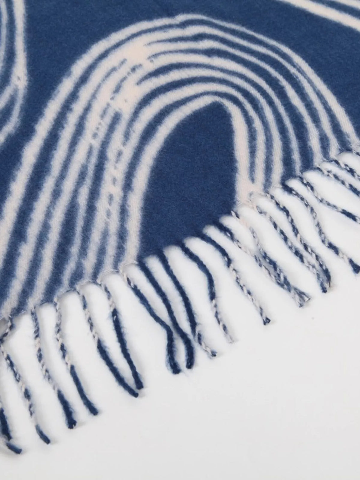 Unisex Geometric Patterned Fringe Scarf — detail of blue scarf fringe and pale line pattern