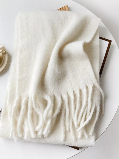 Unisex Extra Long Fringe Scarf — ivory scarf folded to show a pale fringed finish