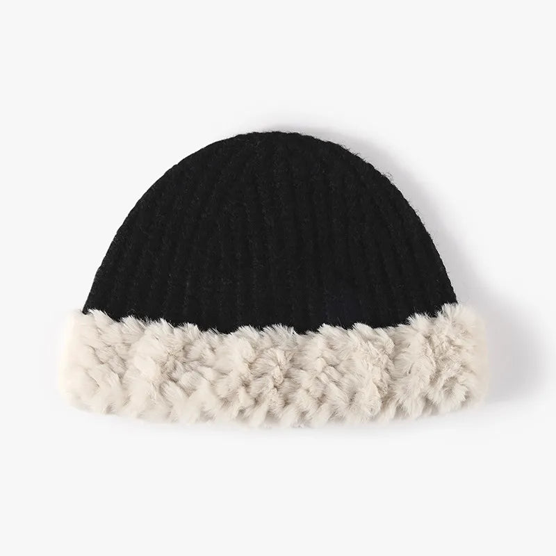 Unisex Faux Fur Trim Knit Beanie - Dust Storm back view