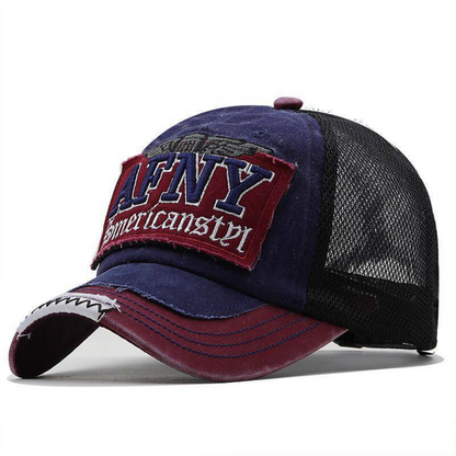 Gray and blue vintage mesh cap side profile