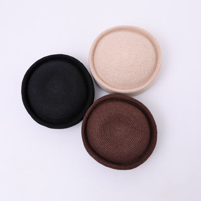 Coffee brown pillbox hat with rounded crown profile