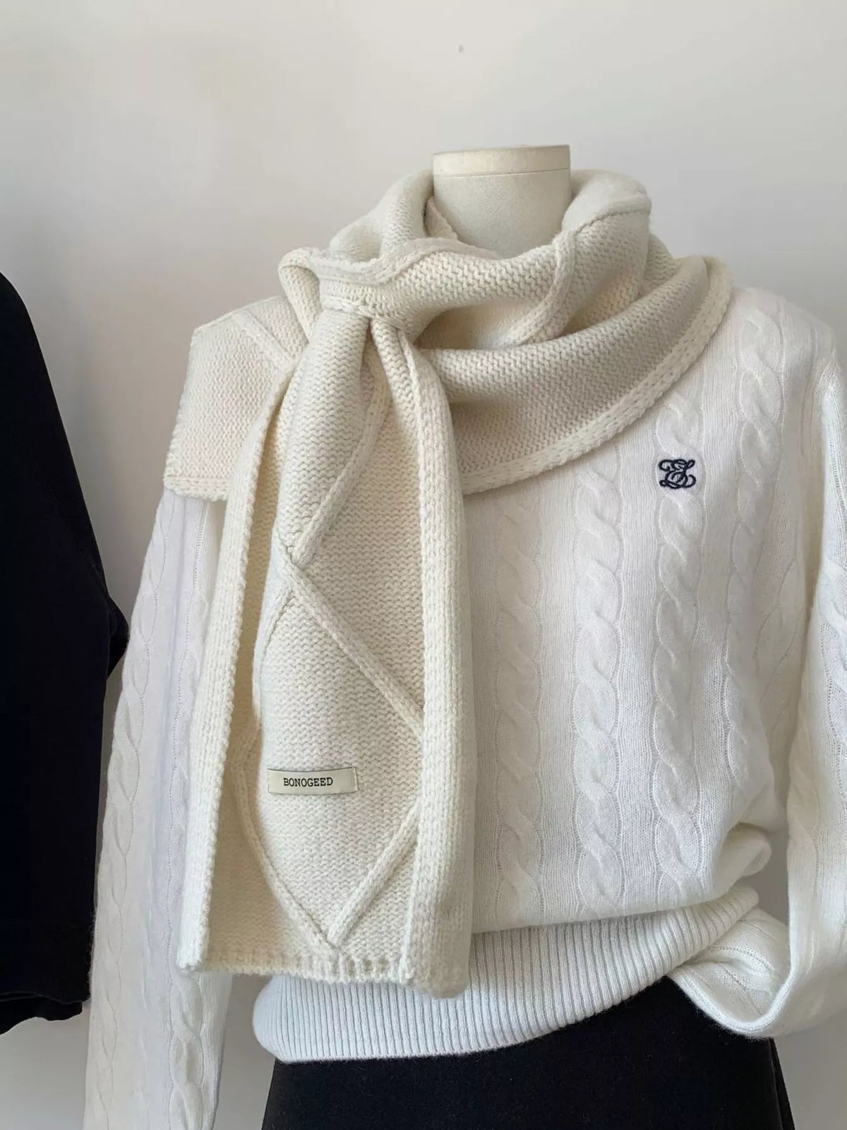 Unisex Solid Color Knitted Winter Scarf — ivory knitted scarf with both ends hanging down