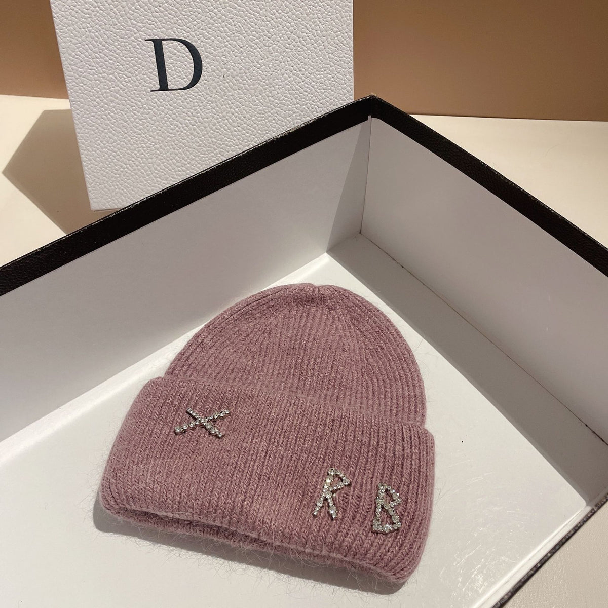 Women's Rhinestone Embellished RB Letter Knit Winter Beanie — muted rose brown beanie with embellished cuff