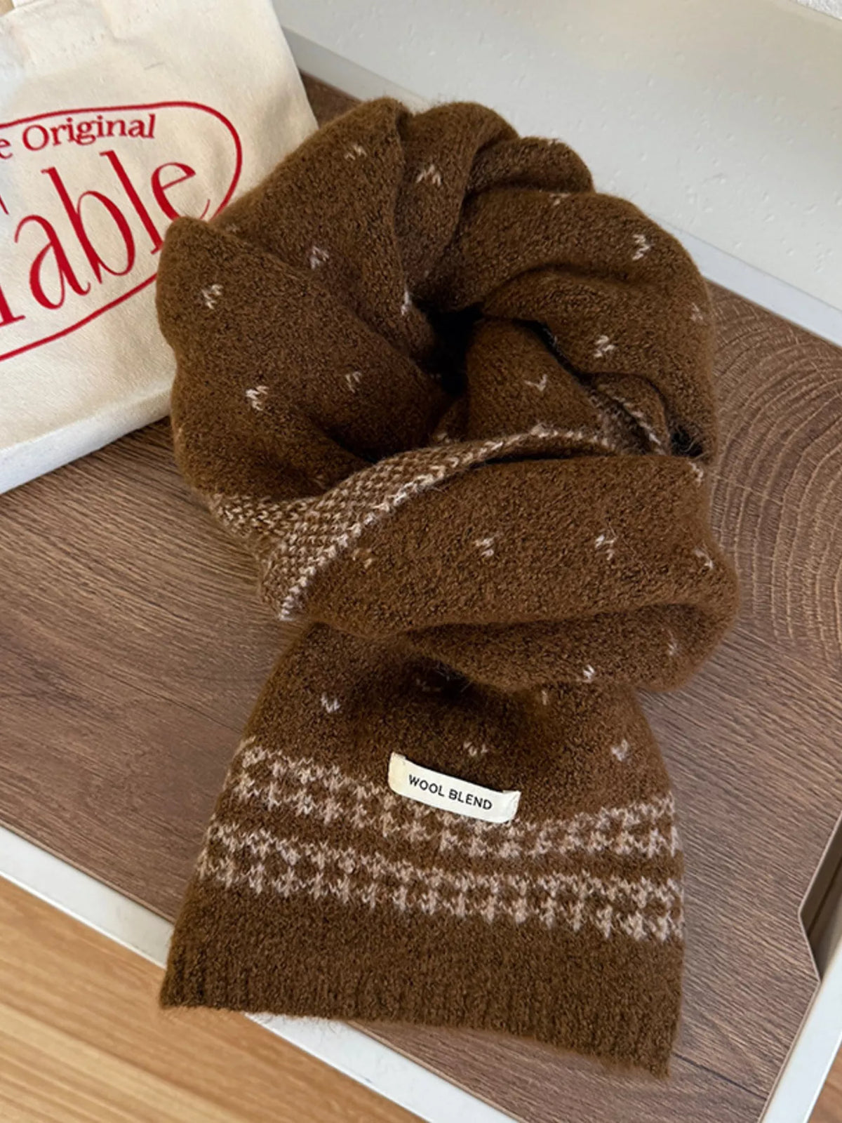 Unisex Flecked Border Knit Scarf — brown scarf showing scattered flecks and end pattern