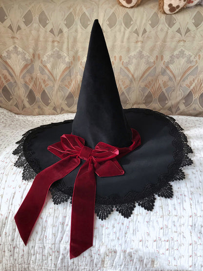 Women's Velvet Bow Halloween Witch Hat - White brim profile