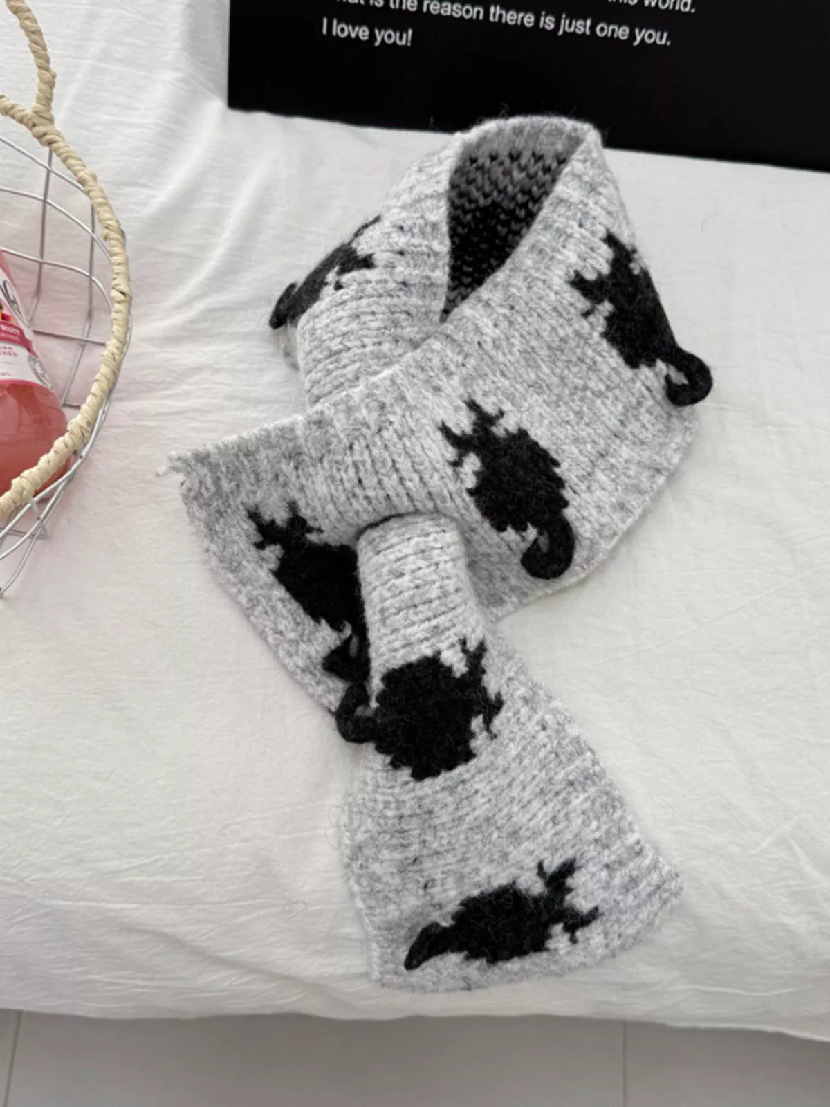 Unisex Short Cat Motif Scarf — light gray scarf with dark cat silhouettes