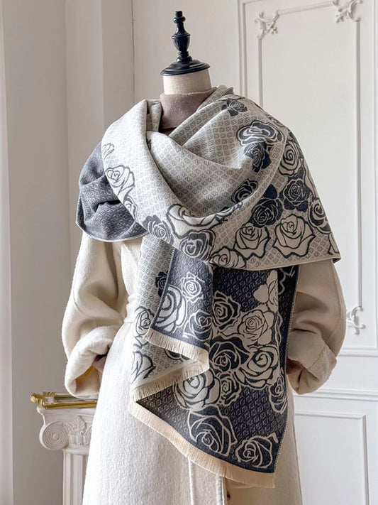 Women's Rose Pattern Warm Scarf in Gray - front view 1
