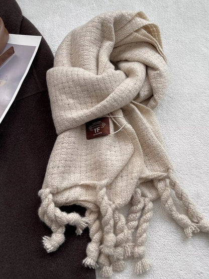 Unisex Knitted Tassel Scarf — cream knitted scarf with chunky twisted tassels