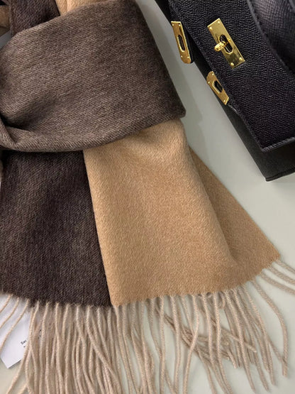 Unisex Color Block Fringe Scarf — folded wool scarf showing broad neutral panels