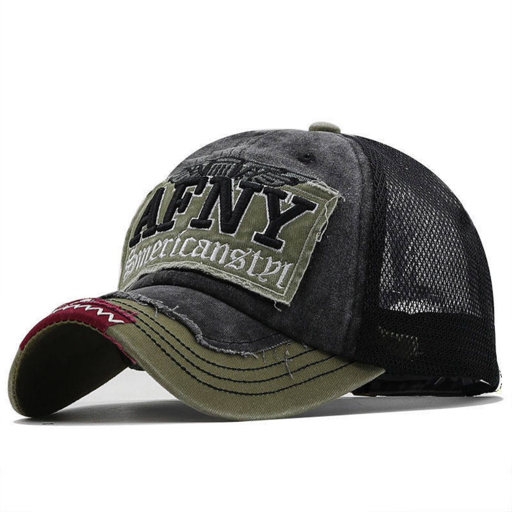 Black and dark green lettered mesh trucker cap