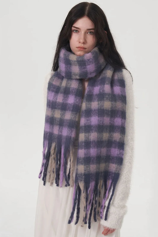 Unisex Fringe Plaid Polyester Scarf in Lilac - front view 1
