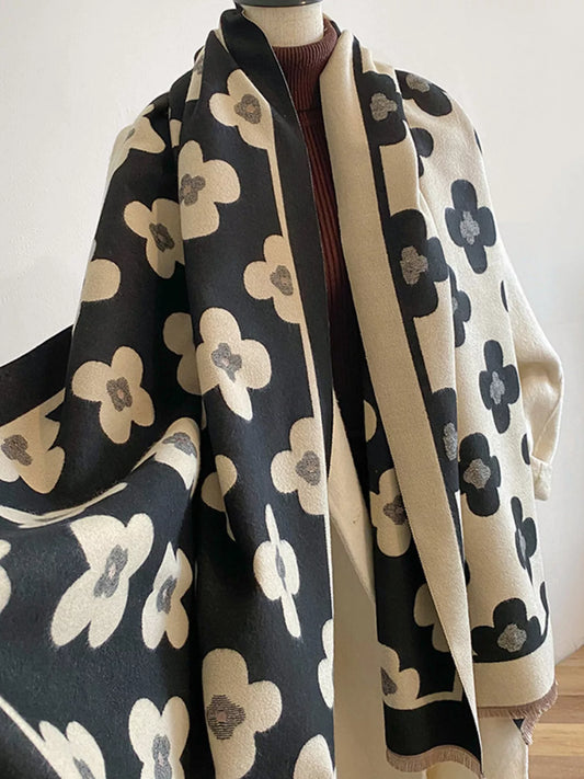 Women's Floral Print Raw Hem Scarf in Black - front view 1