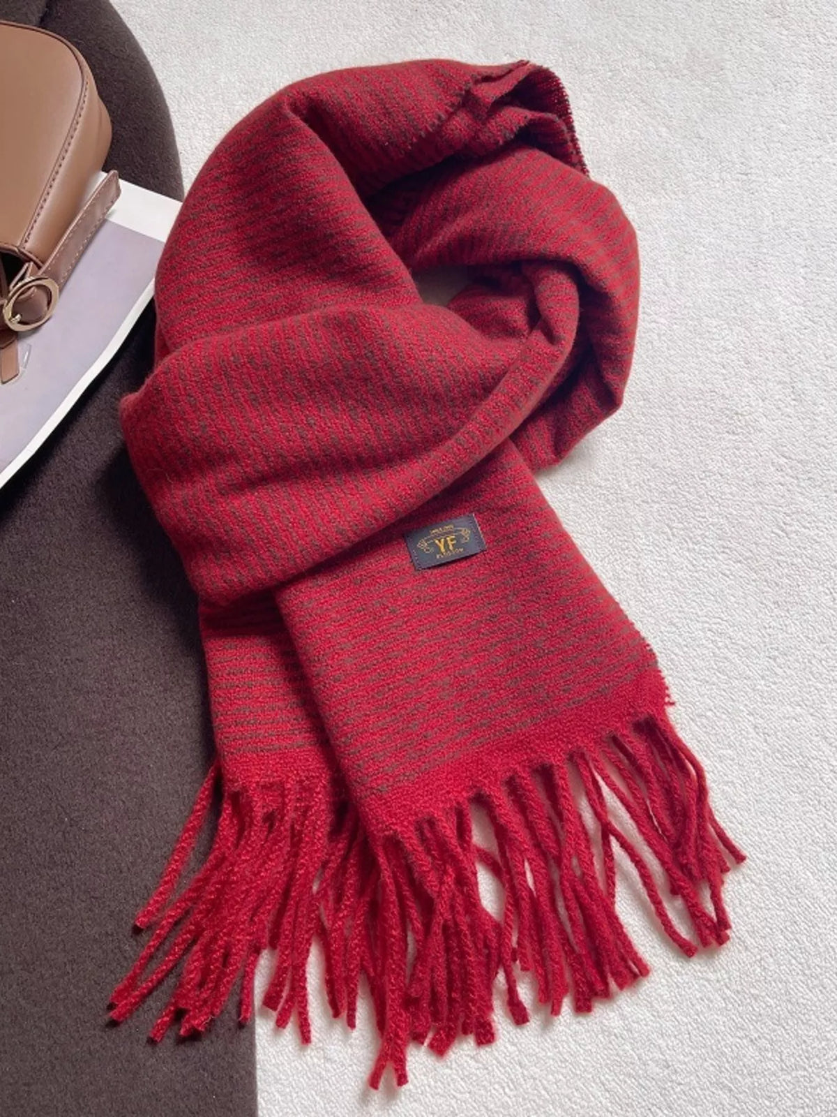 Unisex Warm Striped Tassel Scarf — retro red scarf arranged with long fringe visible