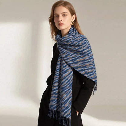 Unisex Fringe Printed Scarf — blue broken stripe scarf wrapped over black clothing