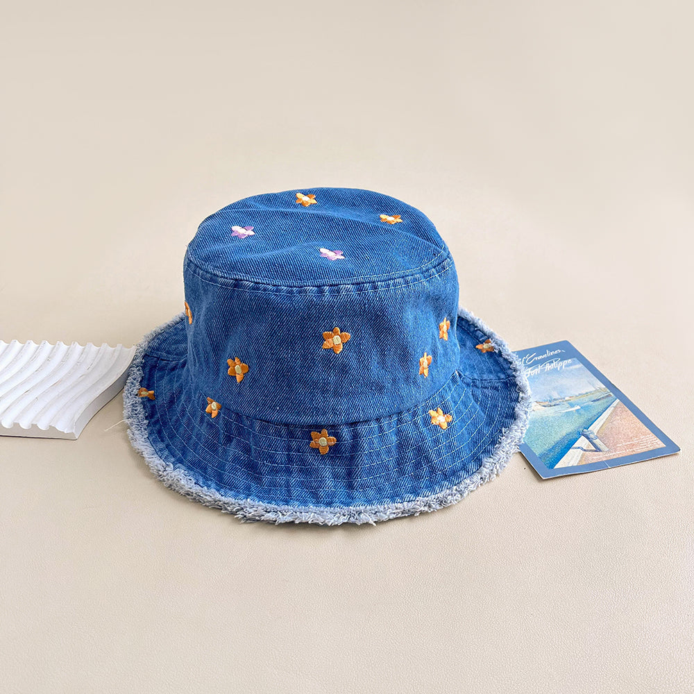 Women's Light blue Flower Embroidered Denim Bucket Hat with Frayed Brim texture detail
